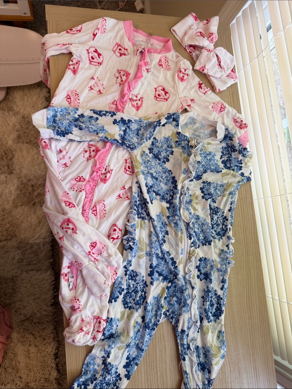 MilkBerry 3-6M Blue Floral and Pink Heart Baby Sleepers (2) With Ruffle & Bow